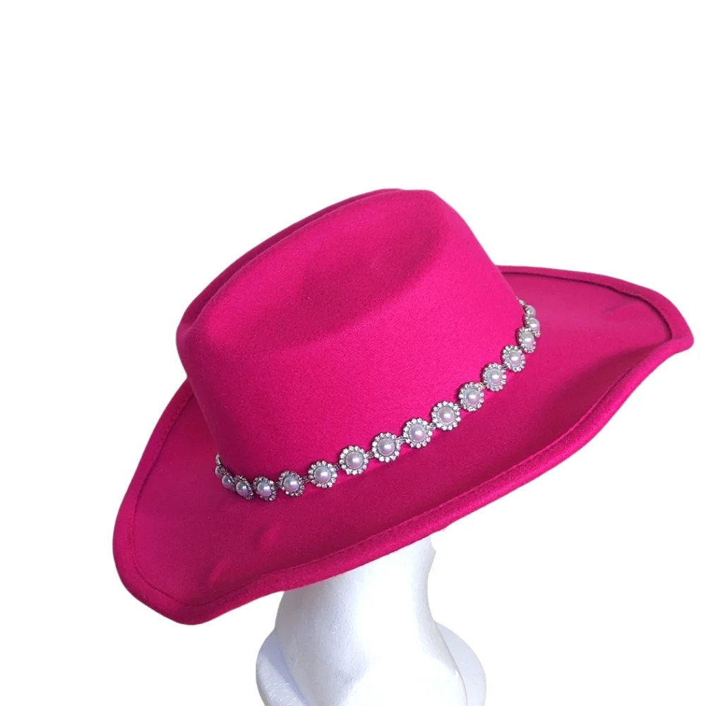 Fuschia Bright Western Hat pearl trimmed hat band wide brim